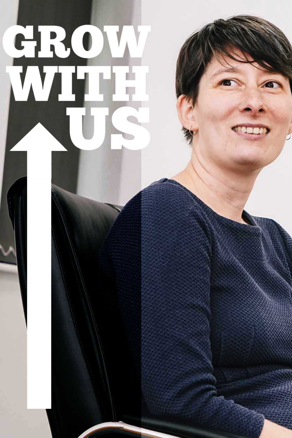 Text saying 'grow with us' over an image of business lawyer Lydia