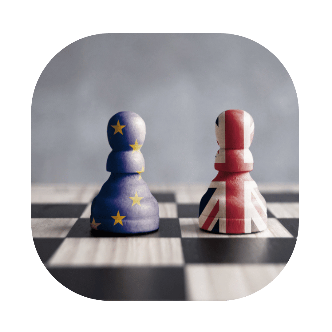 Chess pieces with eu and british flags on. Settled Status UK