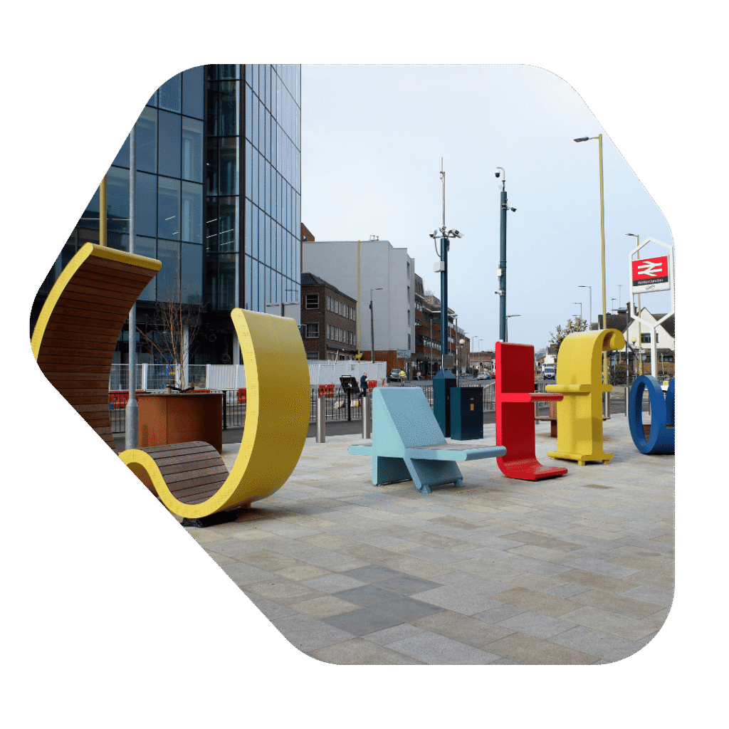 Sculpture in Watford that says Watford in colourful letters